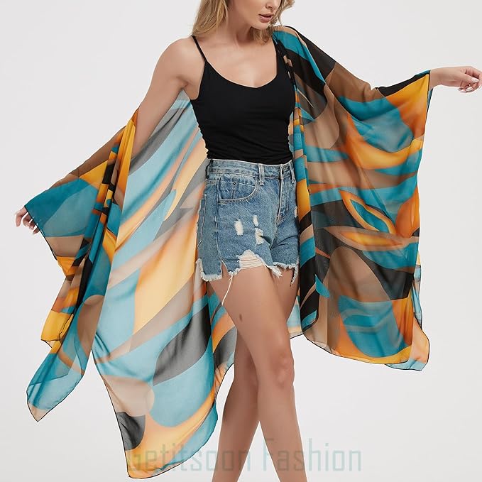 Women's Bohemian Floral Chiffon Beach Cover up Swimsuit Kimono Summer Swimwear Cardigans