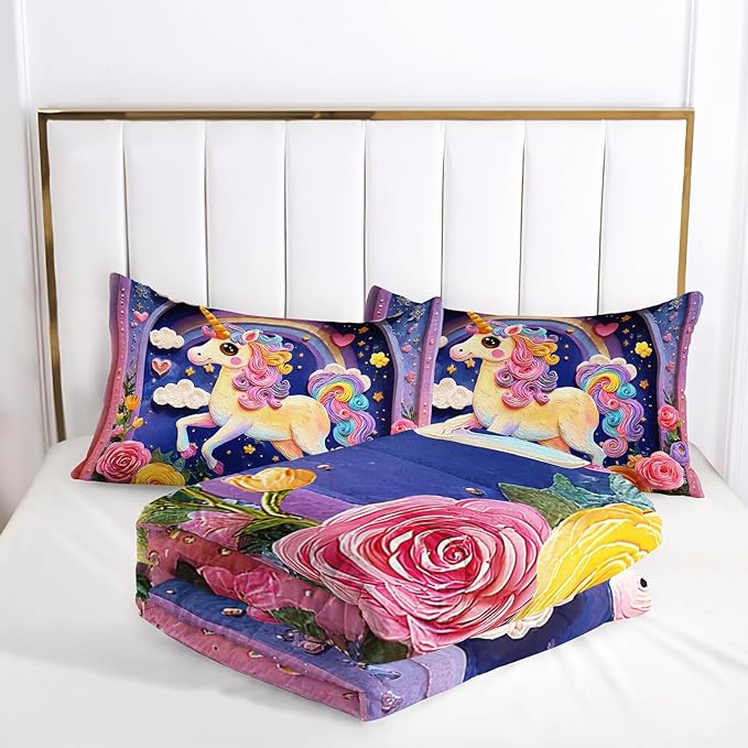 Pink Purple Rainbow Unicorn Flower Comforter Set Twin for Kids Girls，Girls Unicorn and Rainbows Bedding Sets Twin，with 1 Comforter with 2 Pillow Case，Unicorn Bedroom Decor and Bedding Set