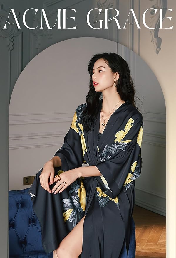 Silk Satin Robe for Women Long Japanese Kimono Robe Lightweight Soft Bathrobe Floral Luxury Dressing Gown