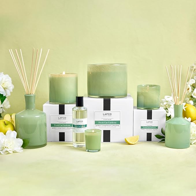 LAFCO New York Classic Candle, Fresh Cut Gardenia - 6.5 oz - 50-Hour Burn Time - Reusable, Hand Blown Glass Vessel - Made in The USA