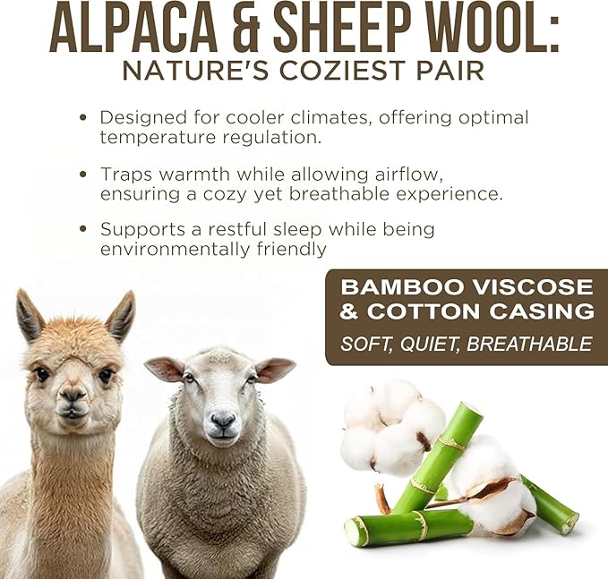Desert Breeze Distributing Pure and Natural Australian Alpaca & Sheep Wool Comforter – Warm, Soft, Thick, Breathable Duvet Insert with Bamboo Viscose and Cotton Cover, Queen Size, 90x94 inches