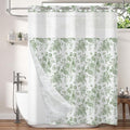 Floral Shower Curtain No Hooks with Snap in Fabric Liner Set,Spring Farmhouse Shower Curtain Hotel Bathroom Decor,with See Through Top Window,Green Flowers Fabric Waterproof,71x74 Inch