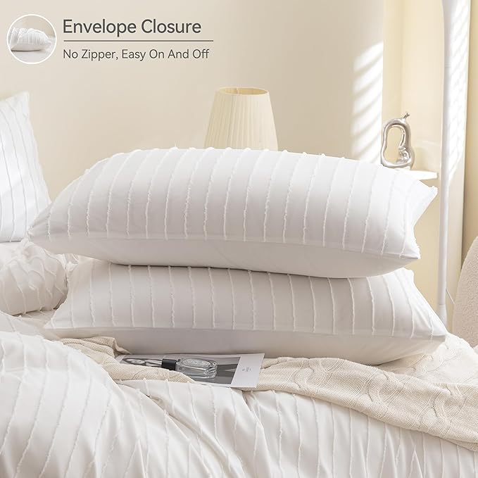 JELLYMONI Duvet Cover Queen Size White - 3PCS Boho Striped Duvet Cover Set Polyester Tufted Bohemian Textured Comforter Cover 90×90in with Corner Ties & Zipper and 2 Pillowcases