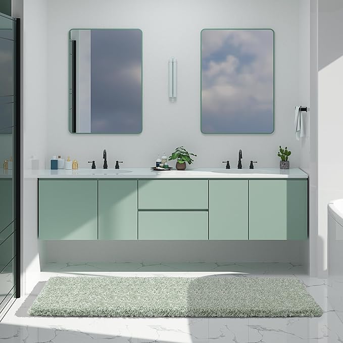 Yimobra Luxury Bathroom Rugs, Fluffy Bath Mats, Non Slip, Water Absorbent Microfiber, Machine Washable, Plush Runner Shower Rugs, Thick Matts for Bathroom Floor&Tub, 70"x 24", Light Green and White