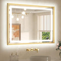 TETOTE 40 x 30 Bathroom Mirror Brushed Gold Metal Frame Frontlit & Backlit Vanity Mirror 3 Colors White/Warm/Natural Stepless Dimmable Anti-Fog Bathroom Mirrors for Vanity Wall-Mounted