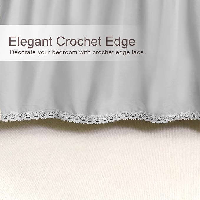 Queen Size 18 inch Drop Light Grey Dust Ruffle, Crochet Edge Lace, Lightweight 100% Cotton, French Coutry Style Ruffled Bed Skirt with Split Corners
