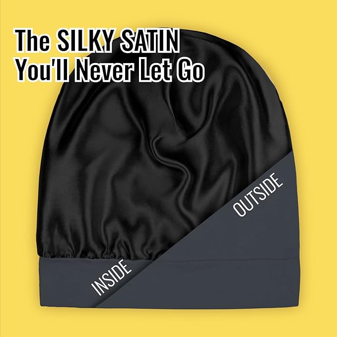 Satin Lined Sleep Cap Bonnet for Curly Hair and Braids, Stay On All Night Hair Wrap with Adjustable Strap for Women and Men, Black Grey, Pack of 1