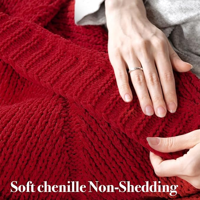 Amélie Home Chevron Chenille Knit Throw Blanket for Couch, Cozy Texture Decorative Soft Blanket for Sofa & Chair, 50"x60", Red