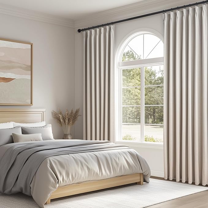 Topfinel Pinch Pleated Curtains 96 Inch Long, 100% Blackout Thermal Insulated Natural Linen Pinch Pleat Viral Drapes with Hooks Rings 2 Panel Sets, Neutral Oatmeal Ivory 8FT Back Tab Window Curtains