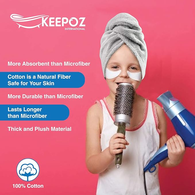 KEEPOZ Hair Towel Wrap Quick Dry 100% Cotton Super Absorbent Turban Head Wrap for Women with Button, Non Microfiber Anti Frizz Hair Products, Hair Cap for Curly, Long Hair (Grey, 1 Pc)