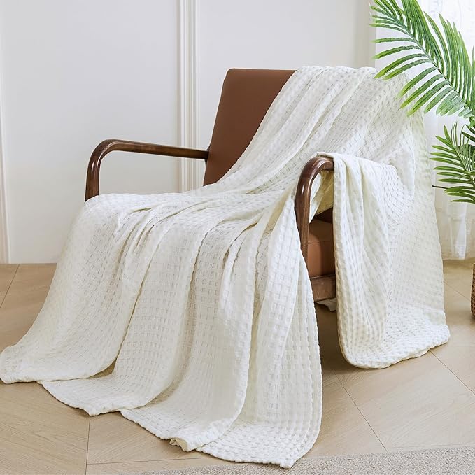 Aganear Waffle Blanket - Lightweight Breathable Summer Blanket of 50% Cotton and 50% Rayon Derived from Bamboo for Hot Sleepers Luxury Throws for Bed, Couch and Sofa,White,50x70 Inches