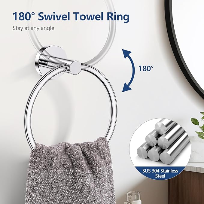 TQKAG Polished Chrome 5 Piece Bathroom Hardware Accessories Set 23.6" SUS304 Stainless Steel Bathroom Towel Bar Holder Sets Double Post Pivoting Toilet Paper Holder Set Wall Mounted