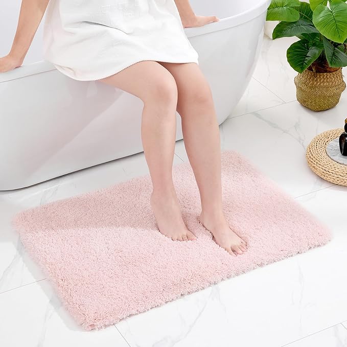 Bathroom Rug 20x32 Non Slip Fluffy Pink Bath Mat for Bathroom Floor Washable Plush Luxury Bath Rug for Tub Soft Shaggy Absorbent Shower Sink Mat