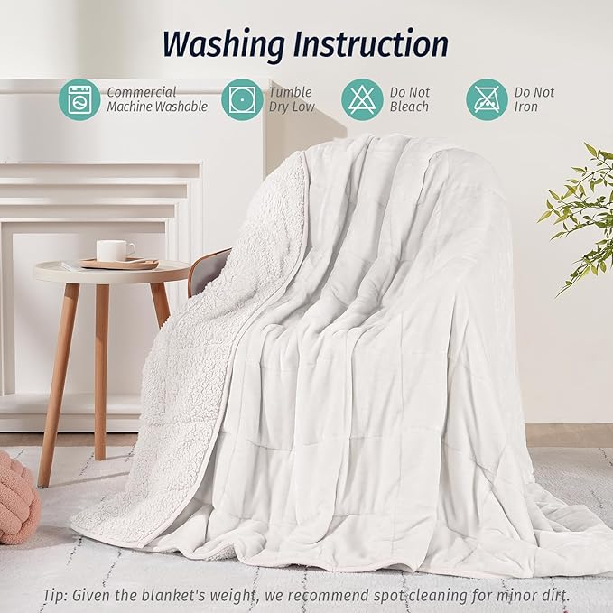 Wemore Sherpa Fleece Weighted Blanket for Adult, 15 lbs Dual Sided Cozy Fluffy Heavy Blanket, Ultra Fuzzy Throw Blanket with Soft Plush Flannel Top, 48 x 72 inches, White on Both Sides