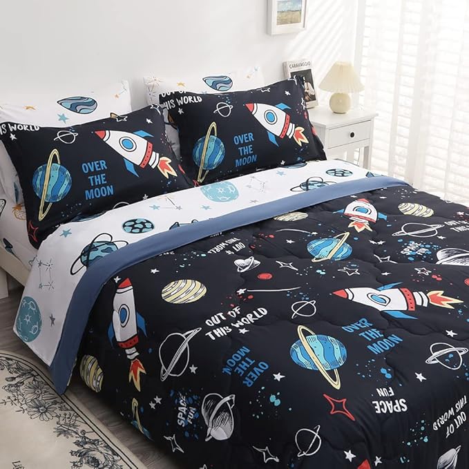 Wajade Kids Space Comforter Set Bed in A Bag Full Size 7 Piece 3D Space Rocket Planets Bedding Set for Teens Boys Girls (1 Comforter, 1 Flat Sheet, 1 Fitted Sheet, 2 Pillowcase and 2 Pillow Sham)