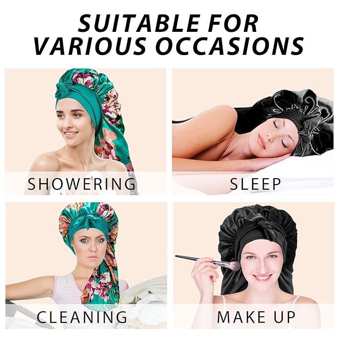 2Pcs Bonnets for Black Women Braid Bonnet, Large Long Satin Bonnet for Braids, Silk Bonnet with Stretchy Tie Band Sleep Cap Hair (2Pcs-Black&Printing Flower)
