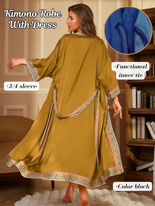 Satin Robe Sets For Women, 2-PC Lightweight Bathrobe, Silk Sleepwear Kimono Bridesmaid Sexy Robes