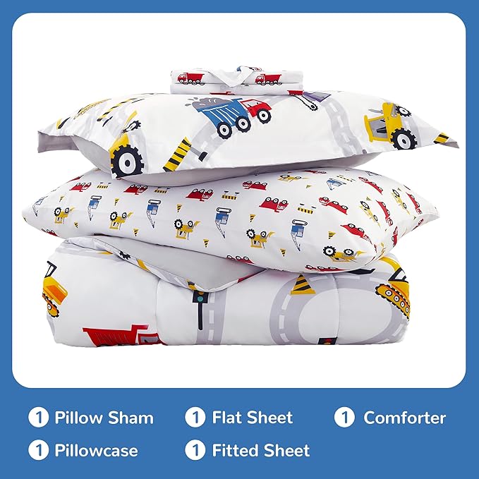 Viviland Kids Twin Bedding Sets for Boys, Girls Soft Twin Comforter Set with Sheets, 5 Pieces Microfiber Bed in a Bag, White Car Excavator