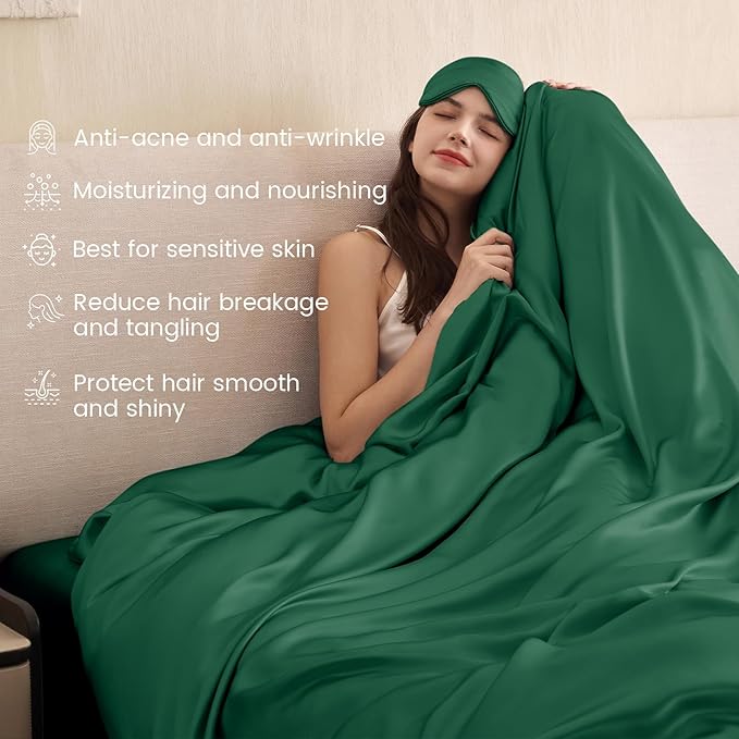 THXSILK 100% Pure Mulberry Silk Duvet Cover Set 3 Piece, 6A+ Grade Luxury Soft Bedding Silk Sheets for Hair and Skin, 1 Pcs Quilt/Comforter Cover with 2 Zippered Pillowcases (Emerald Green, King)