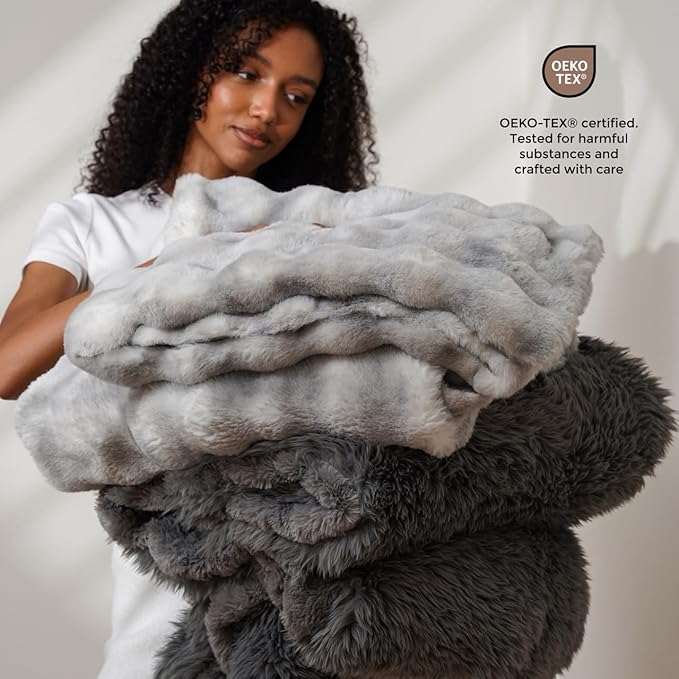 Mon Chateau 60" x 70" Dream Faux Fur Throw, Marble Print Plush Luxury Blanket for Couch, Sofa, or Bed, Soft Reversible Throw Blanket for Sleeping, Home & Room Decor, Moonshadow Bubble