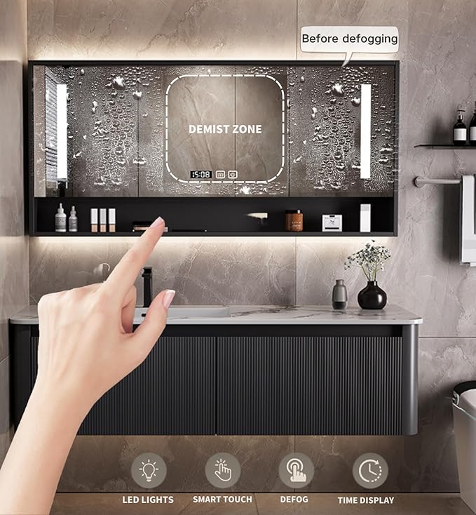 Bathroom Vanity Cabinet, 60" Bathroom Vanity with Sink & Intelligent Defog LED Mirror, Solid Wood Float Vanities, Wall-Mount Bathroom Cabinet with Drawer, Undermount Double Sink, Faucet, Drain(Black)