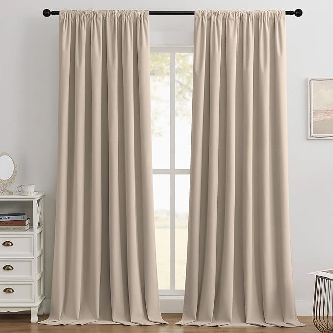 Joydeco Beige 100% Blackout Curtains 108 Inch 2 Panels, Luxury Thermal Beige Velvet Curtains for Bedroom Living Room, Soundproof Blackout Window Drapes, Rod Pocket & Back Tab (52W x 108L)