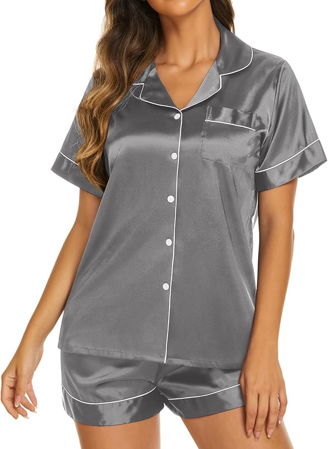 Ekouaer Pajamas for Women Set Silk Satin Pjs Shorts Sleepwear 2 Piece Loungewear S-XXL