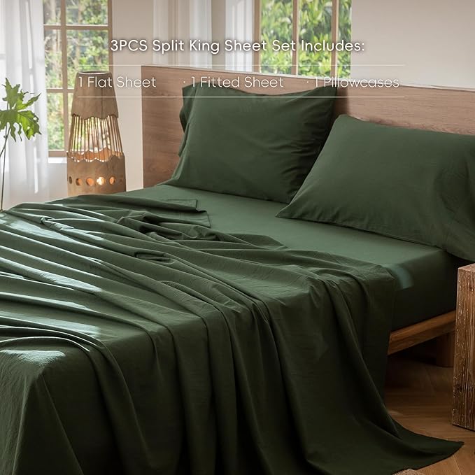 MooMee Bedding Sheet Set 100% Washed Cotton Linen Like Textured Breathable Durable Soft Comfy (Solid Forest Green, Twin)