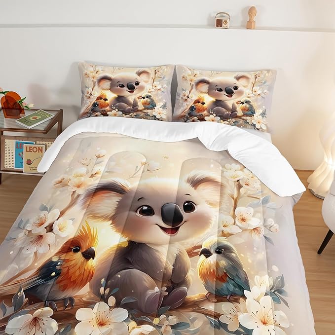 Kawaii Koala Bedding Set,Cartoon Koala Parrot Floral Pattern Queen Size Bed Set for Kids Girls Boys Room Decor,Cute Beddings with 2 Pillowcases.