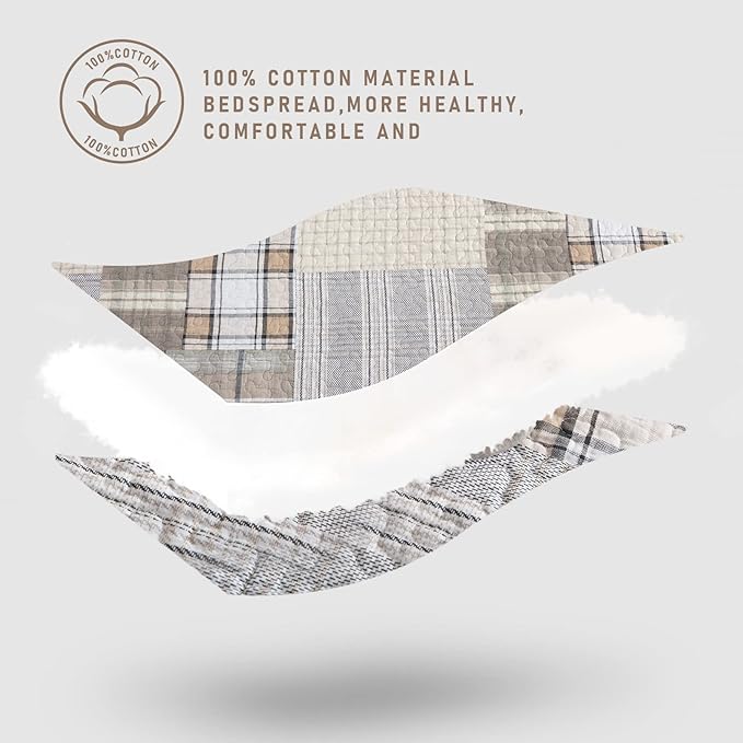 KALOOLA 100% Cotton Quilts King Size 3 Pieces, Farmhouse Plaid King Quilt Bedding Sets, Brown Rustic King Size Bedspreads, Reversible Lightweight King Coverlet for All Seasons