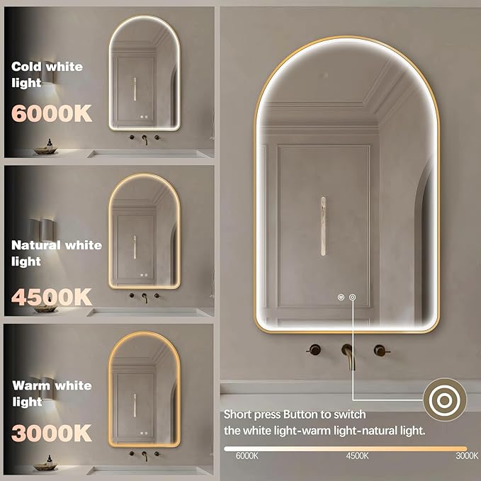 Niccy Arched LED Bathroom Mirror, 40"x30" Gold Framed Arch Wall Lighted Mirrors, Arching Frontlit Vanity-Mirror with Memory Function for Bathroom Bedroom, Defogger and 3 Color, Explosion-Proof