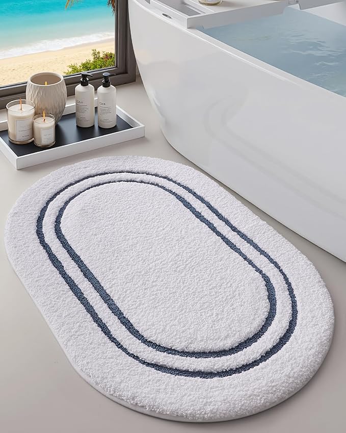 DEXI Oval Bath Mats for Bathroom, 17x30 Absorbent Bath Mat, Washable Microfiber Bathroom Rug with Non Slip Backing for Shower Floor, Navy