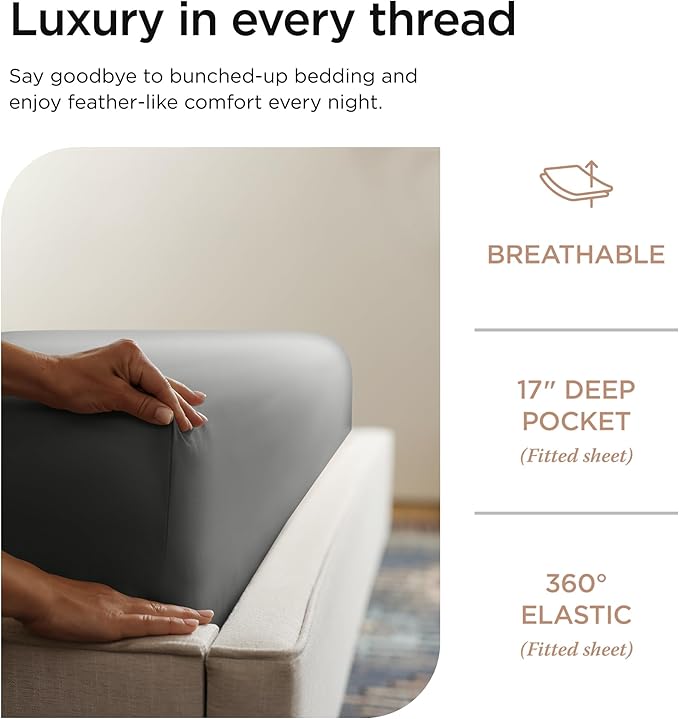 Threadmill Certified 100% American Supima Cotton Sheets, 1000 Thread Count King Size Sheets, 4 Pc Luxury Bed Sheets Set, Hotel Quality Sateen Weave, Dark Grey Sheet with Elasticized Deep Pocket