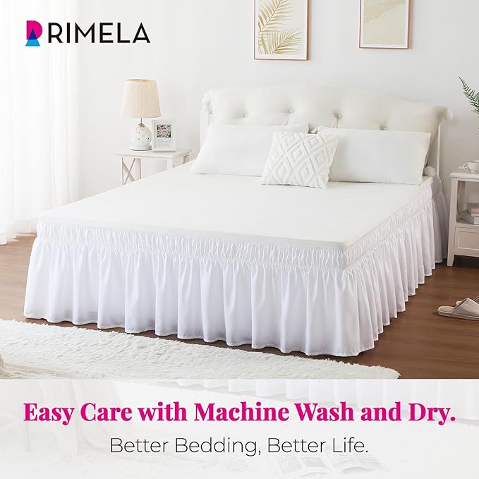 RIMELA White Bed Skirt Queen Size 12 Inch Drop, Elastic Bed Skirting for Bed Base and Frame, Bedding Dust Ruffle Easy to Install, Lightweight Wrap Around Adjustable Bedskirt