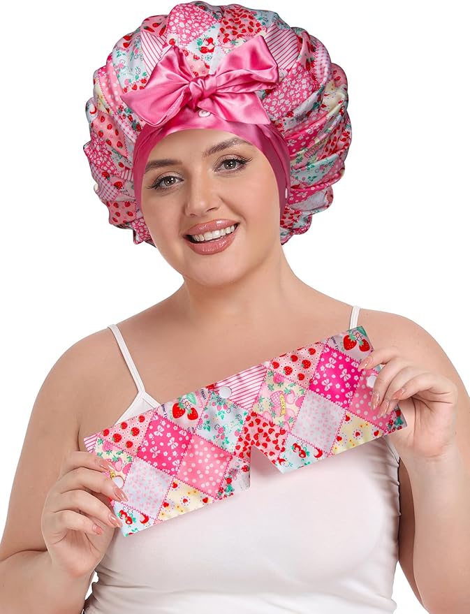 Pleated Silk Sleeping Bonnet with Eye Mask Double Layer Satin Hair Bonnets Sleep Cap for Curly Natural Hair