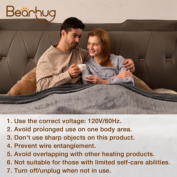Bearhug Electric Throw Blanket 50" x 60", Reversible Velvet & Sherpa Heated Throw, 6 Heating Levels & 4H Auto Off, Over-Heat Protect, ETL Certification, Machine Washable