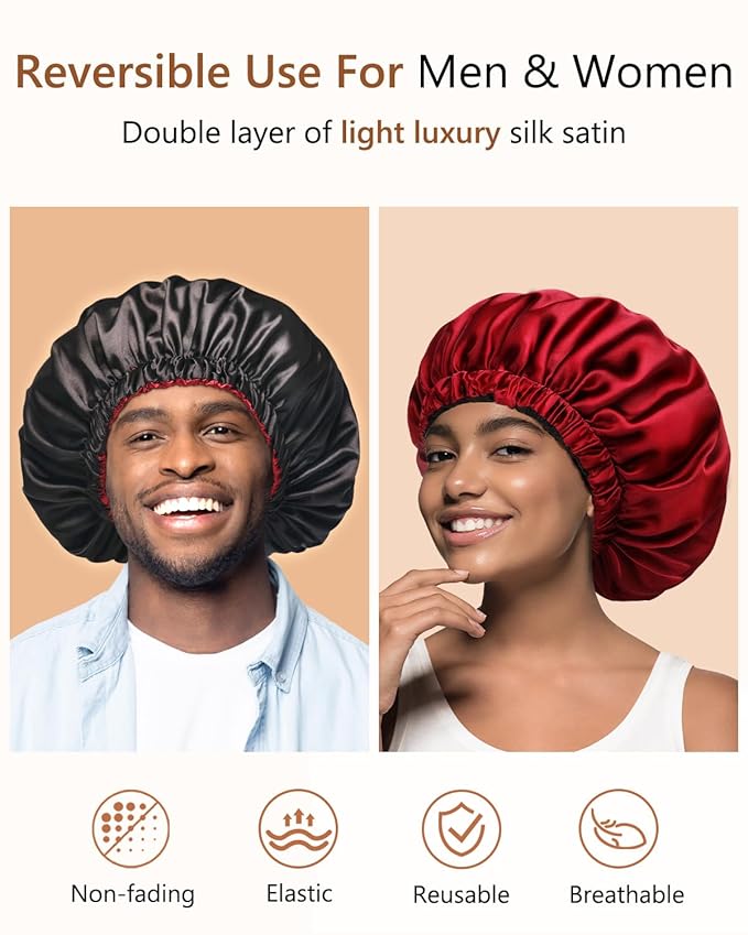 mikimini Satin Bonnet Pack of 2 for Men and Women, Reversible Double Layer Sleeping Silk Bonnet for Curly Hair Braids with Anti-Slip Adjustable Widened Elastic Band Super Large Soft (XL, Black/Red)
