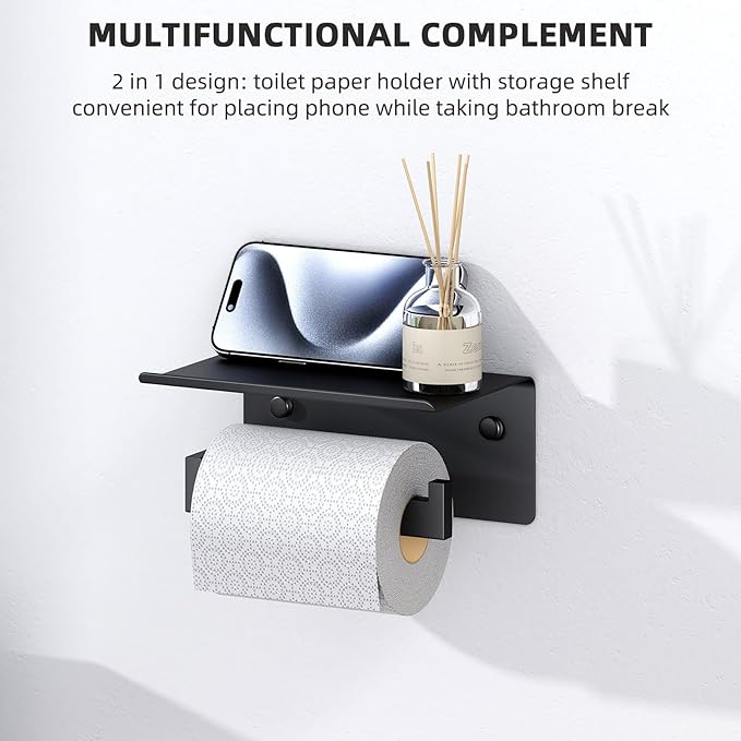 Angle Simple Toilet Paper Holder with Shelf Matte Black, 304 Stainless Steel Lavatory Tissue Roll Holder for Wall