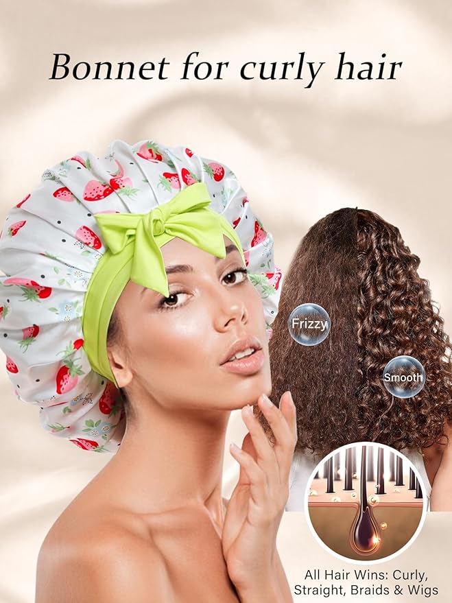 Floral Satin Bonnet For Sleeping Women Double Layer Pleated Design Adjustable Shower Cap For Curly Hair Orange