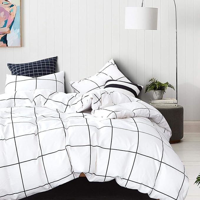 KAREVER White Grid Comforter Twin Plaid Bedding Set Stripes Boys Checkered Comforters Bedding Set Girls White Grid Comforter Set Twin