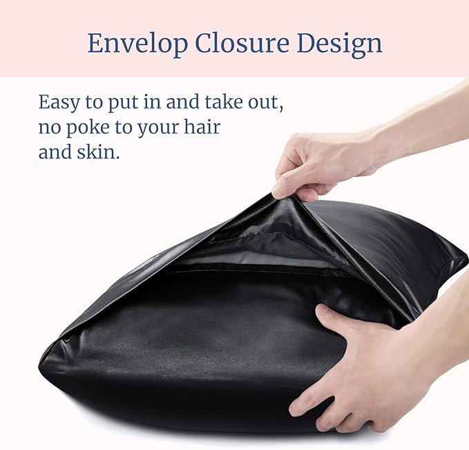 BEDELITE Satin Pillowcase for Hair and Skin, Super Soft and Cooling Similar to Silk Pillow Cases 2 Pack with Envelope Closure, Gift for Women Men(20"x26" Standard Size, Black)