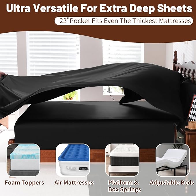 Extra Deep Pocket King Sheets 18-24 Inch 1000 Thread Count 100% Egyptian Cotton Sateen Weave Soft Breathable 4 Pieces（King，Black）