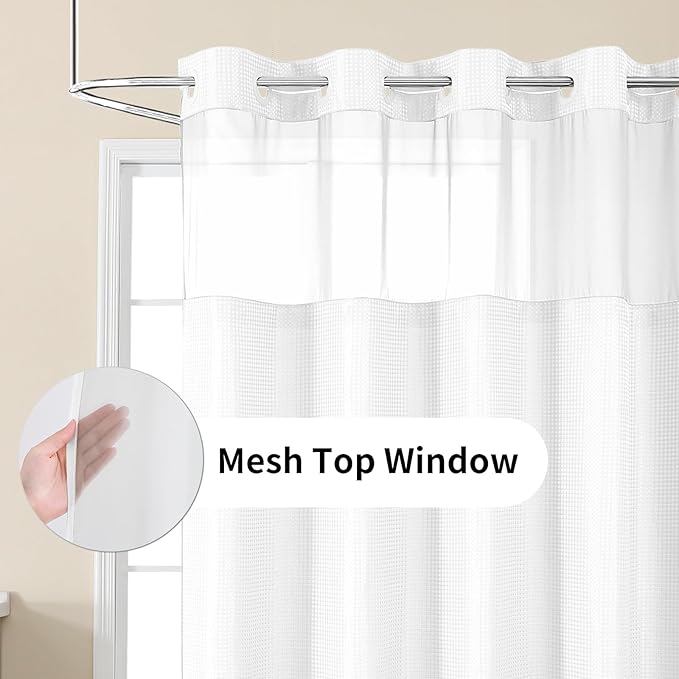Colorful Star No Hook Shower Curtain with Snap in Fabric Liner, Waffle Weave Heavy Duty Thick Shower Curtains with Mesh Top Window, Hotel Style Waterproof Bathroom Curtain Set, 72 x 75 Inch, White