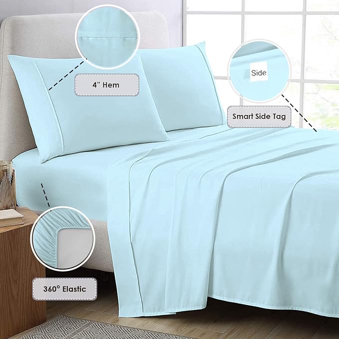 Pizuna Pure 100% Cotton Sheets King Size, 800 Thread Count Long Staple Cotton Crisp Sateen King with 15in Deep Pocket (Baby Blue Cotton Sheets King)
