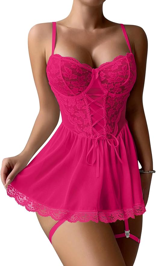 Lilosy Sexy Garter Belt Mesh Lace Babydoll Lingerie Dress Set with Thong