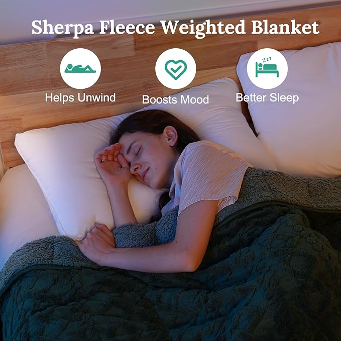 Sherpa Fleece Adult Weighted Blanket Great for Sleep, 20 lbs Dual Sided Soft Fuzzy Heavy Blankets for Couch Bed Sofa, Cozy Warm Fluffy Jacquard Throw for Winter (Green, 60" x 80", 20 Pounds)