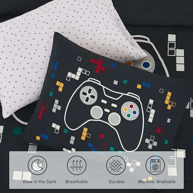 Twin Comforter Set for Boys-5 Pieces Gamer Glow in The Dark Twin Bedding Sets for Kids, Ultra Soft Bed in A Bag with Sheets