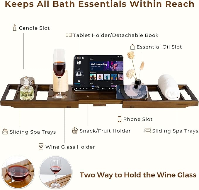 Teak Bathtub Tray Expandable Bathroom Tray for Home Spa Relaxation, Wooden Tray Caddy for Bathtub, Teak Bathtub Caddy as Unique Housewarming, Birthday, Wedding Shower Gifts (Walnut Teak)