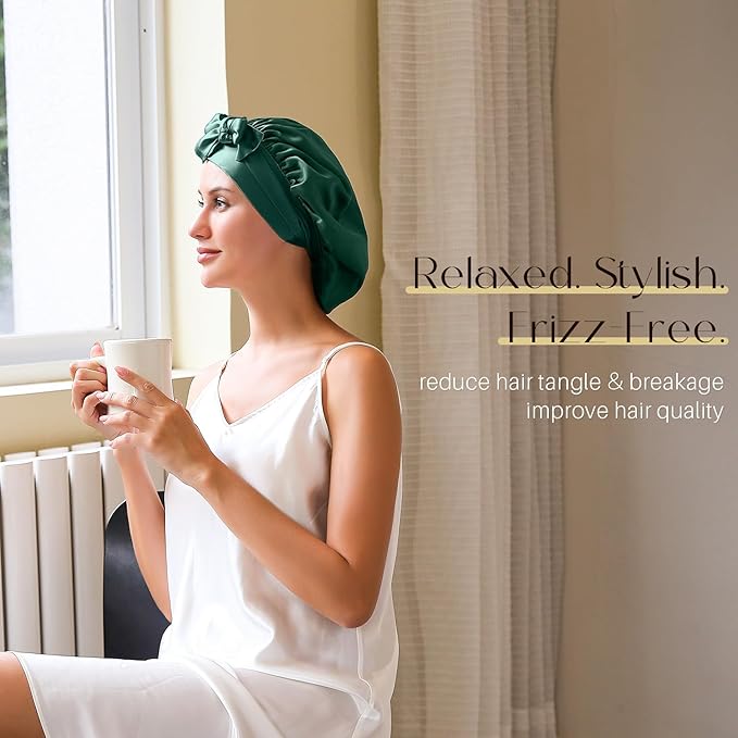ZIMASILK 100% Mulberry Silk Bonnet for Sleeping Women Long Hair Double Layer Silk Hair Wrap with Tie Band Stay On Head (1Pc, Blackish Green)