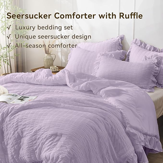 JOLLYVOGUE Lavender Twin Size Comforter Set, 2 Pieces Seersucker Lightweight Fluffy Bedding Set, Twin Ruffle Comforter, All Season Soft Microfiber Shabby Chic Bed Set